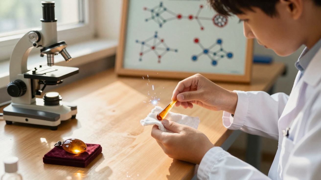 Junger Wissenschaftler im Labor untersucht mit Pipette orangefarbene Flüssigkeit, Mikroskop und Molekülmodell sichtbar.